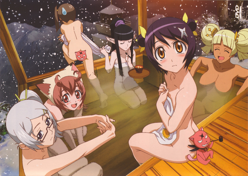 5girls absurdres animal_ears antenna_hair artist_request ass azami_(himawari) back bath black_hair blonde_hair blue_eyes blush breasts brown_hair cat_ears censored closed_eyes covering dark_skin double_bun food glasses hair_ornament hands_clasped hat highres himawari! himeji hinata_himawari kneeling large_breasts looking_back momota multiple_girls naked_towel no_nipples non-web_source nude nude_cover official_art onsen orange_eyes otoko_no_ko outdoors outstretched_arms own_hands_together pink_eyes pink_hair pointy_ears ponytail purple_hair scan shikimi_(himawari) short_hair shuriken side_ponytail silver_hair sitting snow snowing soaking_feet spread_arms stretch sweatdrop towel tsukiyo-hime twintails water wet yusura_(himawari)