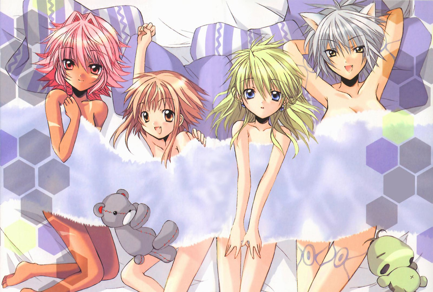 .hack//tasogare_no_udewa_densetsu 4girls animal_ears armpits blonde_hair blue_eyes brown_hair clenched_hand dark_skin earrings fang feet grunty highres hotaru_(.hack//) izumi_rei jewelry kneeling kunisaki_rena lineup mireille_(.hack//) multiple_girls nude orange_eyes ouka_(.hack//) pink_eyes pink_hair puchiguso raised_fist short_hair silver_hair smile stuffed_animal stuffed_toy tattoo teddy_bear towel wolf_ears yellow_eyes