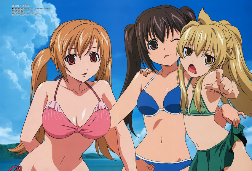 absurdres ahoge beach bikini blonde_hair breasts brown_eyes brown_hair day flat_chest highres large_breasts megami minami-ke minami_chiaki minami_haruka minami_kana multiple_girls non-web_source okada_maiko one_eye_closed outdoors pinup pointing red_eyes siblings sisters swimsuit twintails yellow_eyes