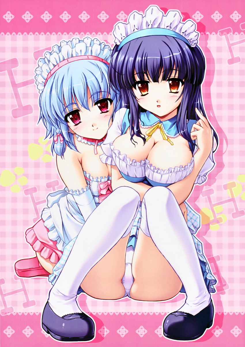 :o ayakashi ayakashi_h blue_hair blush breast_squeeze breasts cleavage highres large_breasts long_hair maid multiple_girls non-web_source orange_eyes panties pantyshot pantyshot_(sitting) pink_eyes shadow shiragami_kikuri short_hair sitting smile thighhighs toma_(asagayatei) underwear white_legwear white_panties yoake_eimu