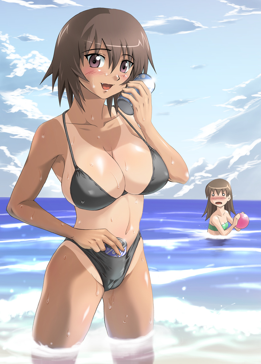 :d azumanga_daiou ball bare_shoulders beachball bikini black_bikini blush breasts brown_hair cameltoe can cleavage cloud collarbone day fang groin highres holding kagura_(azumanga_daiou) large_breasts looking_at_another looking_at_viewer multiple_girls nose_blush o_o ocean one-piece_tan open_mouth partially_submerged shinozuka_jouji smile swimsuit takino_tomo tan tanline wading water wet yuri