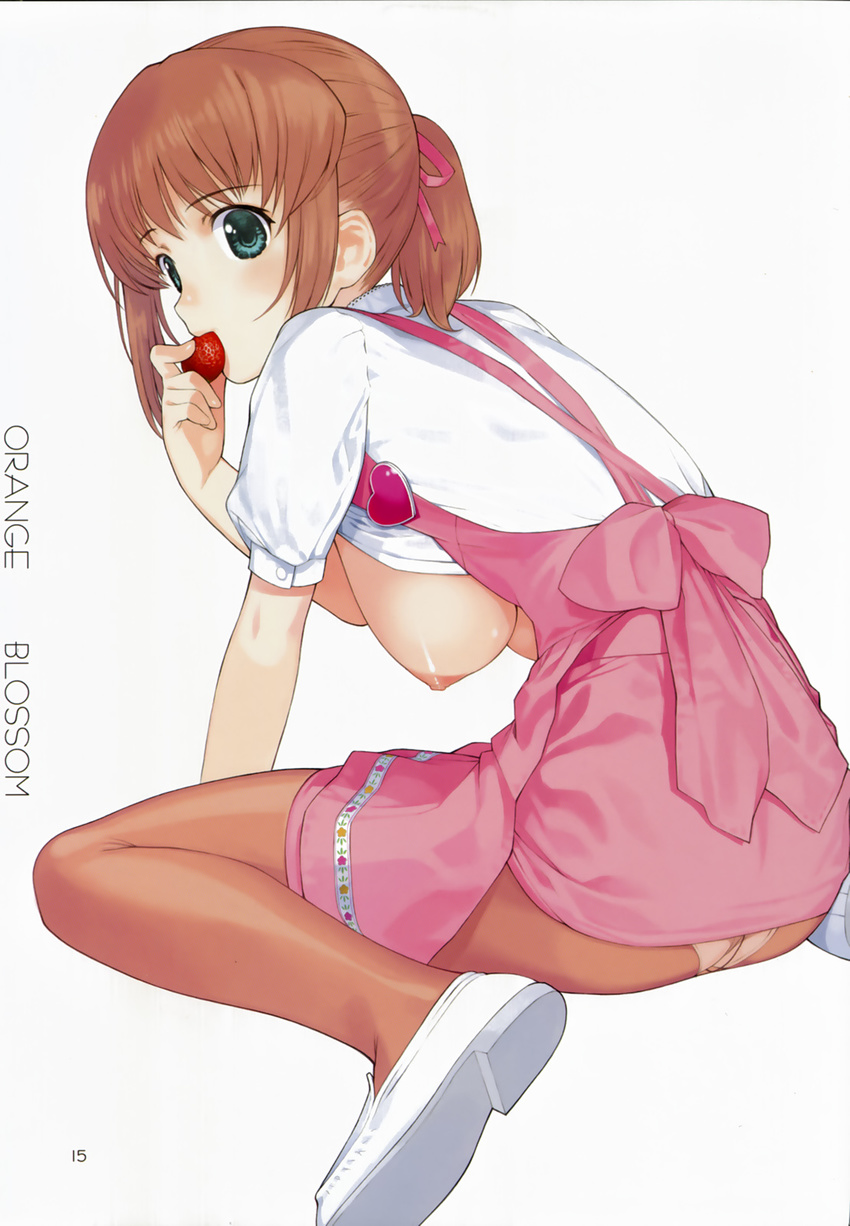 anna_miller breasts brown_hair copyright_request crotch_seam food fruit green_eyes hair_ribbon hanging_breasts highres holding holding_food holding_fruit large_breasts looking_back mibu_natsuki nipples no_bra open_clothes open_shirt panties panties_under_pantyhose pantyhose pantyshot ponytail ribbon shirt sitting solo strawberry underwear waitress white_panties