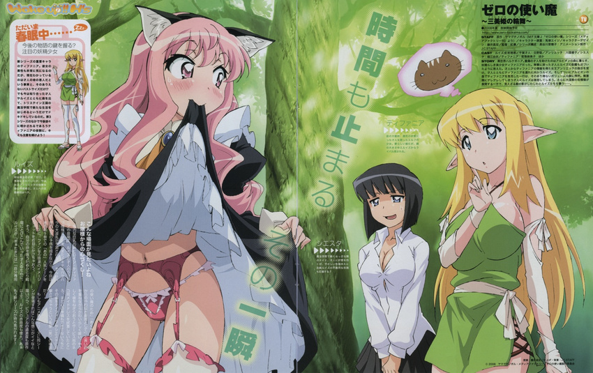 animal_ears blush breasts cat_ears cleavage elf fujii_masahiro garter_belt large_breasts lingerie long_hair louise_francoise_le_blanc_de_la_valliere maid medium_breasts mouth_hold multiple_girls non-web_source panties pink_eyes pink_hair pointy_ears siesta skirt skirt_in_mouth skirt_lift thighhighs tiffania_westwood translation_request underwear zero_no_tsukaima