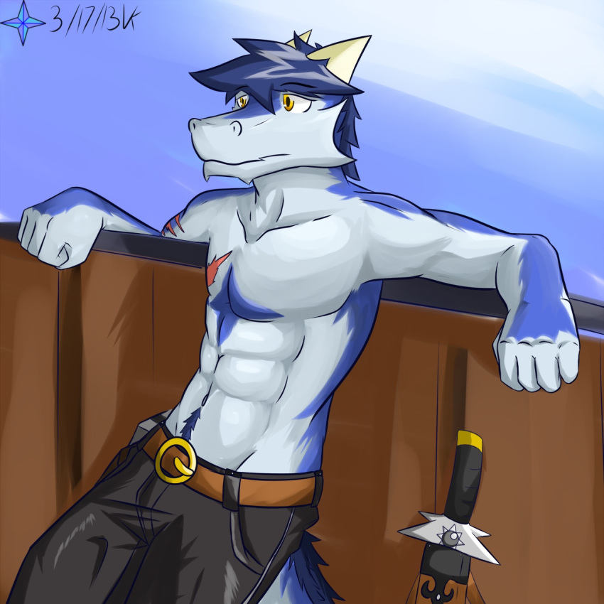 2013 5_fingers abs belt biceps blue_fur clothed clothing fence fur hair horn leaning looking_aside male melee_weapon muscular muscular_male pants pecs pose scar simple_background sky sword topless vent_kazemaru weapon white_fur yellow_eyes