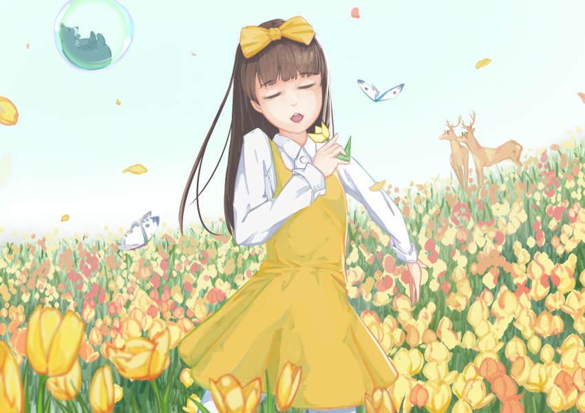 1girl bad_arm bear blue_sky bow brown_hair bubble bug butterfly deer devotion dress du_meishin eyes_closed field flower flower_field glasses hair_bow holding holding_flower insect long_hair long_sleeves origami outdoors pantyhose shirt sky solo standing titanic_cat tulip white_legwear white_shirt yellow_bow yellow_dress yellow_flower