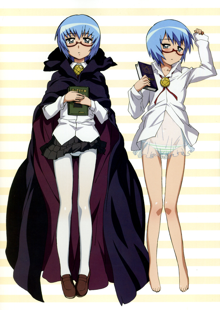 absurdres artist_request blue_hair blush cape dakimakura glasses highres lowleg lowleg_panties multiple_views panties panties_under_pantyhose pantyhose pantyshot pentacle striped striped_panties tabitha underwear upskirt white_legwear zero_no_tsukaima