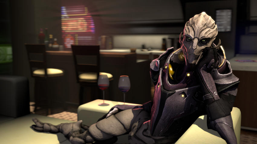 3d_(artwork) alcohol alien arm_support armor bar beverage bottomless chair clothed clothing digital_media_(artwork) female hand_on_thigh leaning_on_elbow looking_at_viewer lying mass_effect on_couch on_side partially_clothed pussy seductive solo source_filmmaker turian video_games voui wine wine_glass