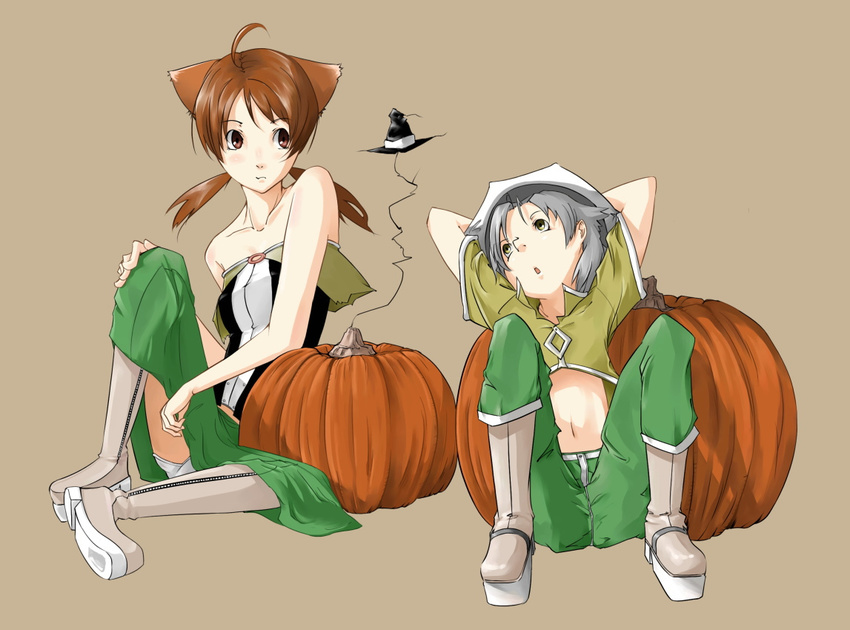 1girl ahoge animal_ears boots brown_hair cat_ears copyright_request halloween panties pantyshot pantyshot_(sitting) pumpkin sitting twintails underwear yamamoto_enji