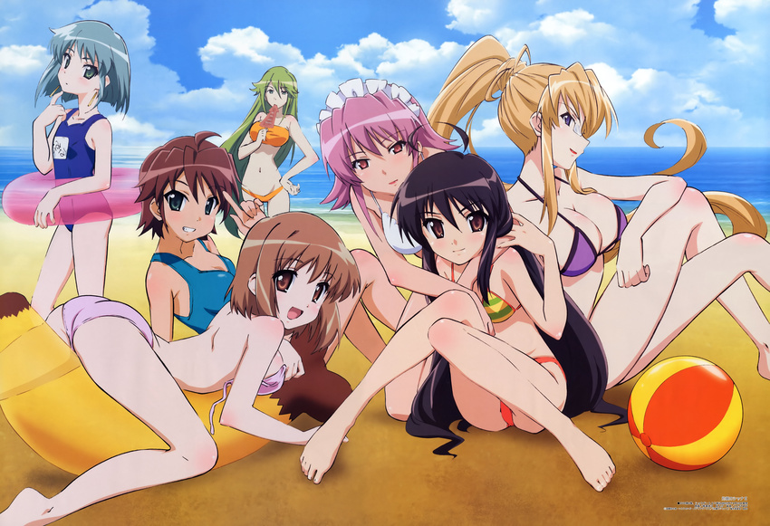 :d absurdres age_difference ahoge aizawa_sumie antenna_hair aqua_eyes arched_back arm_grab ass back ball banana_boat bandeau bangs bare_back barefoot beach beachball bikini black_hair blonde_hair blue_eyes blue_hair blue_swimsuit blush bob_cut breasts brown_eyes brown_hair chin_stroking cleavage clenched_hand cloud crossed_legs day earrings eating everyone feet finger_to_chin finger_to_face flat_chest floating_hair food frills from_side glasses green_eyes green_hair grin groin hair_between_eyes hair_bun hand_on_hip head_tilt high_ponytail highres holding hug hug_from_behind huge_ahoge ikayaki index_finger_raised inflatable_raft innertube jewelry knees_together_feet_apart konoe_fumina large_breasts leaning legs light_smile lipstick long_hair long_legs looking_at_viewer looking_back lowleg lowleg_bikini lying maid maid_headdress makeup margery_daw mature megami multiple_girls name_tag ocean official_art ogata_matake on_ground on_stomach one-piece_swimsuit open_mouth orange_bikini outdoors pheles pince-nez pink_eyes ponytail purple_bikini purple_hair reclining red_lipstick scan school_swimsuit semi-rimless_eyewear shakugan_no_shana shakugan_no_shana_ii shana short_hair sideboob sidelocks sitting sky small_breasts smile straddling string_bikini striped striped_bikini striped_swimsuit swimsuit tan taut_bikini taut_clothes tomboy transparent under-rim_eyewear untied untied_bikini very_long_hair water wilhelmina_carmel yoshida_kazumi