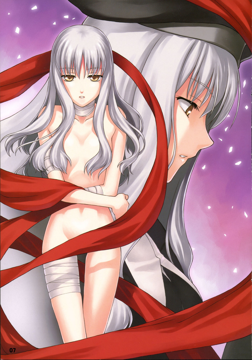 bandages caren_hortensia fate/hollow_ataraxia fate/stay_night fate_(series) highres nude shroud_of_magdalene silver_hair tanaka_shoutarou yellow_eyes