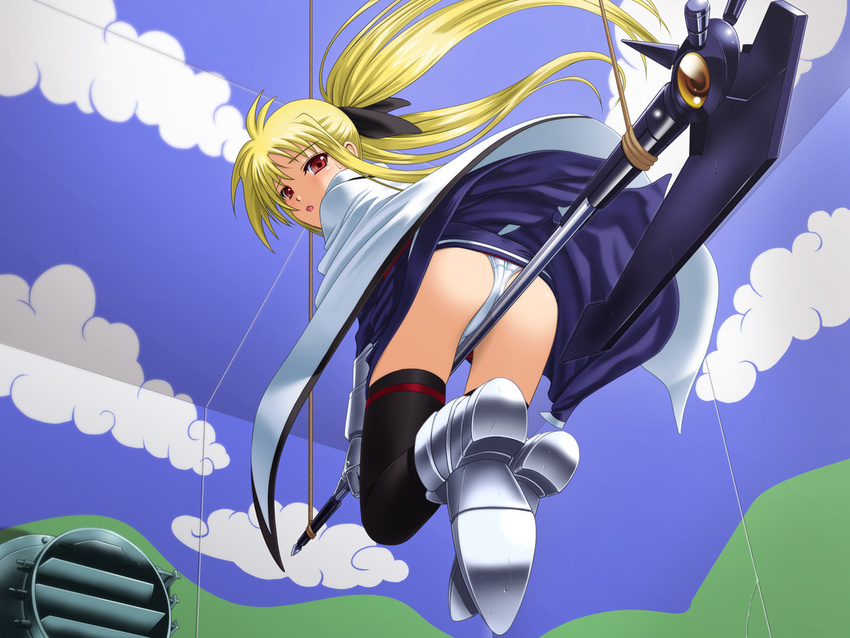 40010prototype ass bardiche blonde_hair cape fate_testarossa lyrical_nanoha mahou_shoujo_lyrical_nanoha_strikers panties pantyshot solo thighhighs underwear white_panties