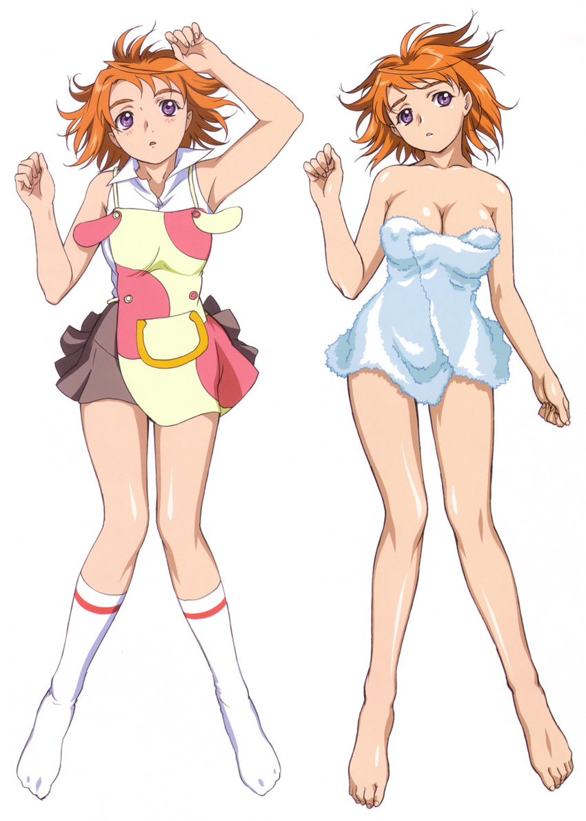 apron armpits bare_shoulders barefoot blush breasts cleavage dakimakura feet highres hisayuki_hirokazu impossible_towel kneehighs large_breasts lying multiple_views my-hime naked_towel non-web_source on_back orange_hair purple_eyes short_hair skirt socks tokiha_mai towel