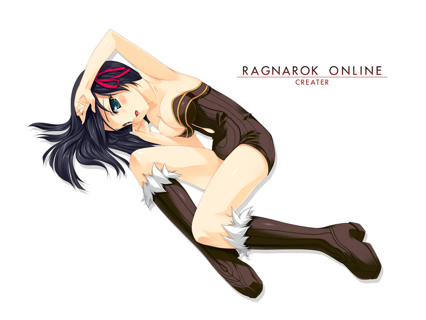 alchemist_(ragnarok_online) arm_up black_hair blush boots breasts cleavage dress green_eyes hair_ribbon highres kinoshita_ichi lying on_side parted_lips ragnarok_online ribbon short_dress small_breasts solo strapless strapless_dress