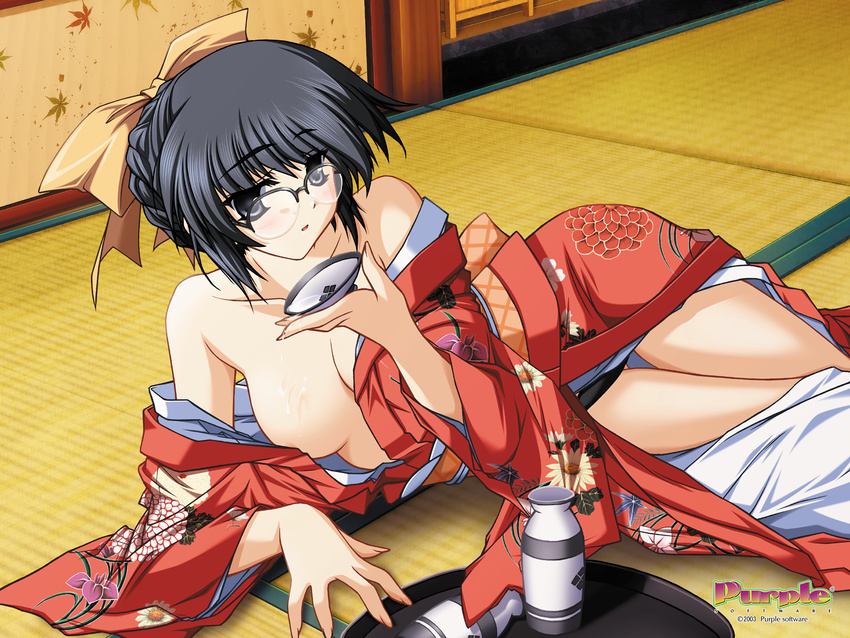 2003 alcohol areolae black_eyes black_hair blush bottle bow braid breasts cup flower glasses hair_bow highres hiiragi_nagisa hips japanese_clothes kimono leaf lying medium_breasts natsuiro_komachi off_shoulder official_art on_side open_clothes open_kimono panties sakazuki sake solo spill tatami thigh_gap tokkuri tray tsukimori_hiro underwear wallpaper