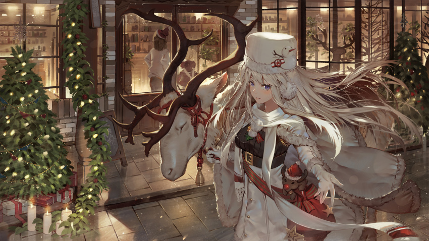 1girl azur_lane belt blush box breasts candle cape christmas christmas_tree commentary_request enterprise_(azur_lane) fur_trim gift gift_box gloves hat highres looking_at_viewer medium_breasts official_art outstretched_arm outstretched_arms purple_eyes reindeer santa_costume scarf shop silver_hair solo_focus toriumi_harumi white_gloves wind