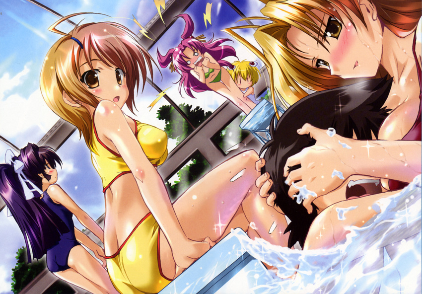 bikini blonde_hair blush breasts brown_hair day flat_chest highres kamishiro_rin kazetsubaki_kuriko komatsu_eiji kurioka_maiho large_breasts maburaho minigirl miyama_yuuna multiple_girls pink_hair ponytail purple_hair shikimori_kazuki short_hair swimsuit wallpaper water yamase_chihaya