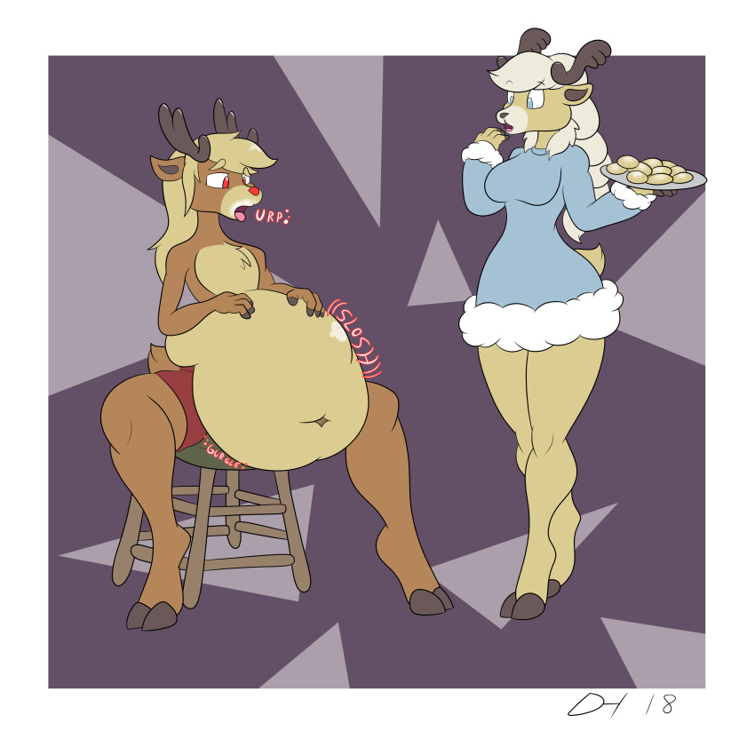 antlers belly big_belly blue_eyes braided_hair burping christmas clothing duo female hair holidays hooves horn long_hair onamonapia open_mouth prancer red_eyes rudolph rudolph_the_rednosed_reindeer shorts stool stuffing sweater weight_gain