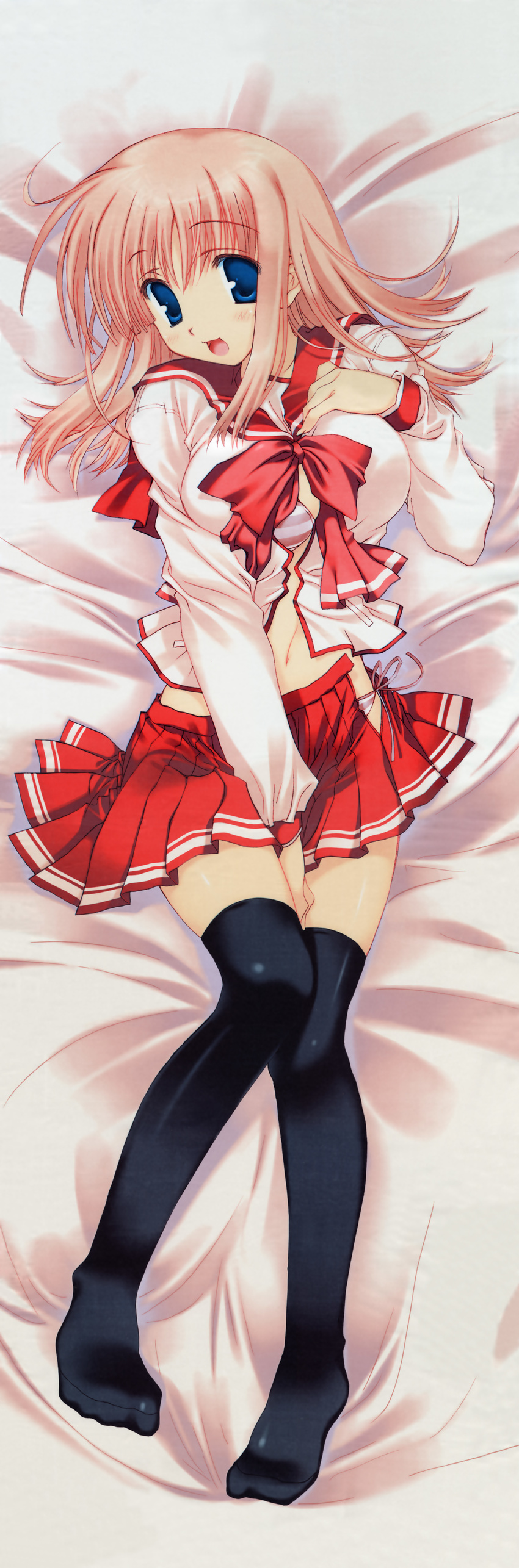 absurdres bed blue_eyes bra dakimakura feet full_body highres incredibly_absurdres kouno_harumi lingerie milfa mitsumi_misato open_clothes open_shirt panties pink_hair scan school_uniform shirt skirt solo thighhighs to_heart_2 to_heart_2_ad underwear undressing