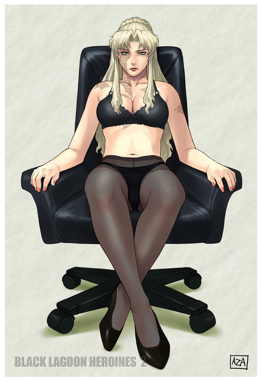 azasuke balalaika_(black_lagoon) black_lagoon black_legwear blonde_hair bra breasts burn_scar cleavage crotch_seam green_eyes highres large_breasts lingerie mole mole_under_eye panties panties_under_pantyhose pantyhose pantyshot scar scar_across_eye solo underwear underwear_only