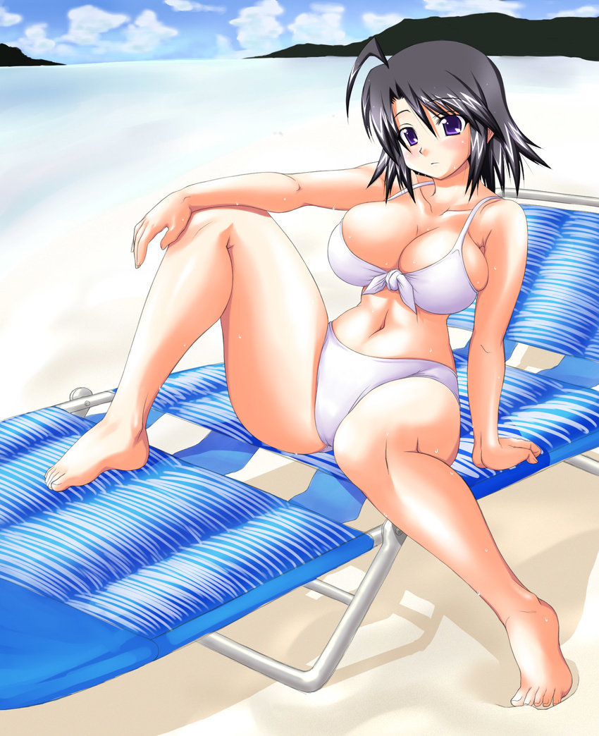 bikini blue_eyes blue_hair breasts cleavage copyright_request d_kurouri highres large_breasts solo swimsuit wet