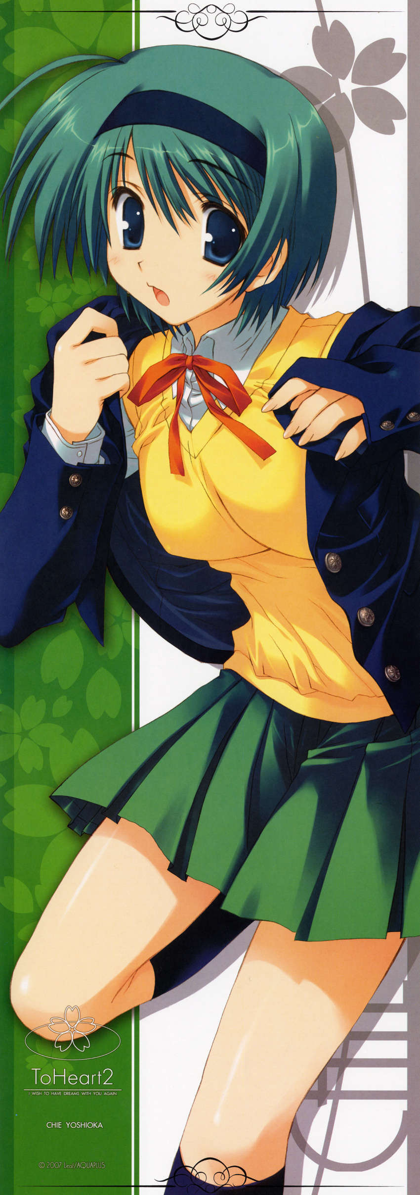 absurdres blue_eyes blush green_hair hairband highres huge_filesize jacket kneehighs long_image mitsumi_misato school_uniform short_hair skirt socks solo stick_poster tall_image to_heart_2 to_heart_2_ad yoshioka_chie