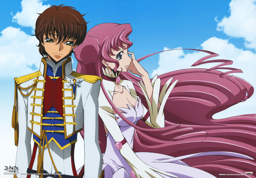 1girl blue_eyes brown_hair cloud code_geass couple day dress euphemia_li_britannia green_eyes hetero highres itagaki_atsushi kururugi_suzaku long_hair pink_hair scan sky uniform very_long_hair