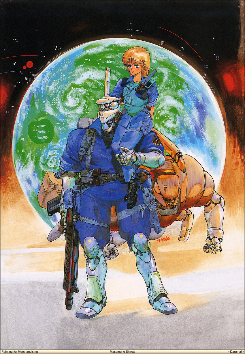 1girl 80s apple appleseed blonde_hair briareos_hecatonchires couple cyberpunk cyborg deunan_knute earth food fruit gun hetero highres intron_depot mecha official_art oldschool promotional_art rifle robot robot_ears science_fiction shirou_masamune size_difference traditional_media uniform weapon