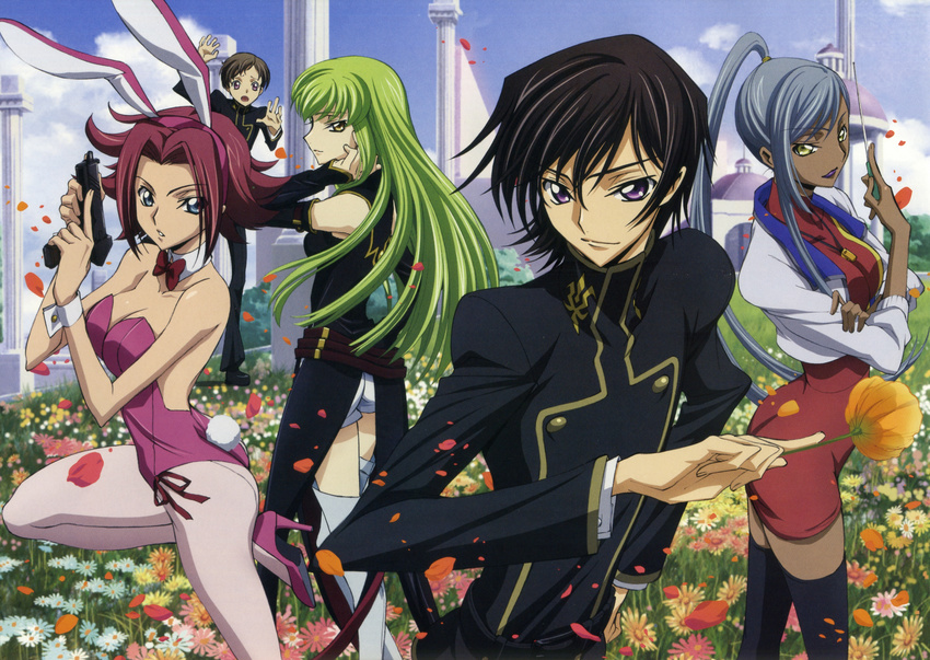 3girls animal_ears ashford_academy_uniform blue_eyes boots bunny_ears bunny_girl bunnysuit c.c. code_geass dark_skin green_hair gun handgun high_heels highres ishida_kana kallen_stadtfeld lelouch_lamperouge leotard long_hair multiple_boys multiple_girls pantyhose pink_legwear pink_leotard pistol red_hair rolo_lamperouge shoes short_hair silver_hair villetta_nu weapon yellow_eyes