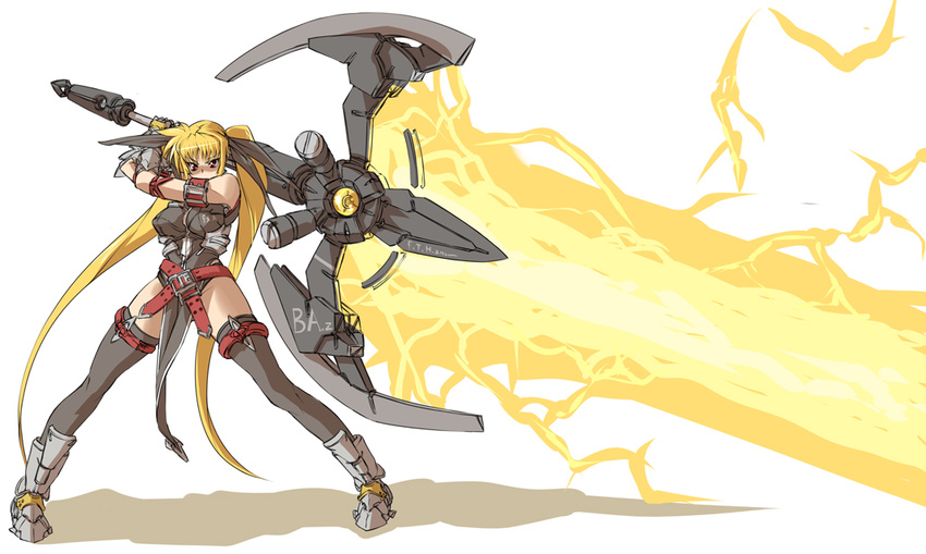 adapted_costume alternate_weapon angry armor bardiche blonde_hair breasts energy_sword fate_testarossa gauntlets huge_weapon large_breasts long_hair lyrical_nanoha mahou_shoujo_lyrical_nanoha mahou_shoujo_lyrical_nanoha_a's mahou_shoujo_lyrical_nanoha_strikers nekomamire red_eyes solo sword thighhighs twintails very_long_hair weapon