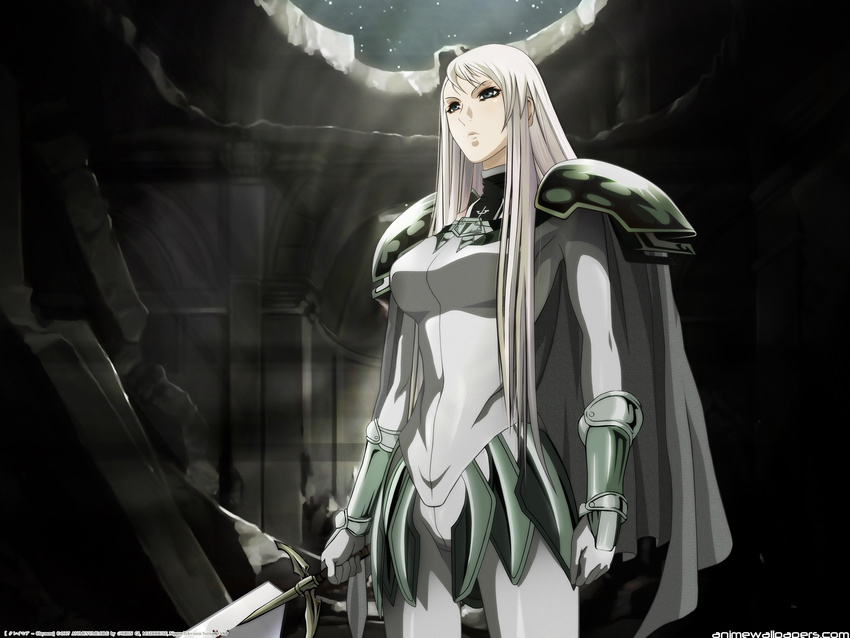 armor artist_request cape claymore claymore_(sword) galatea_(claymore) highres long_hair solo sword wallpaper weapon