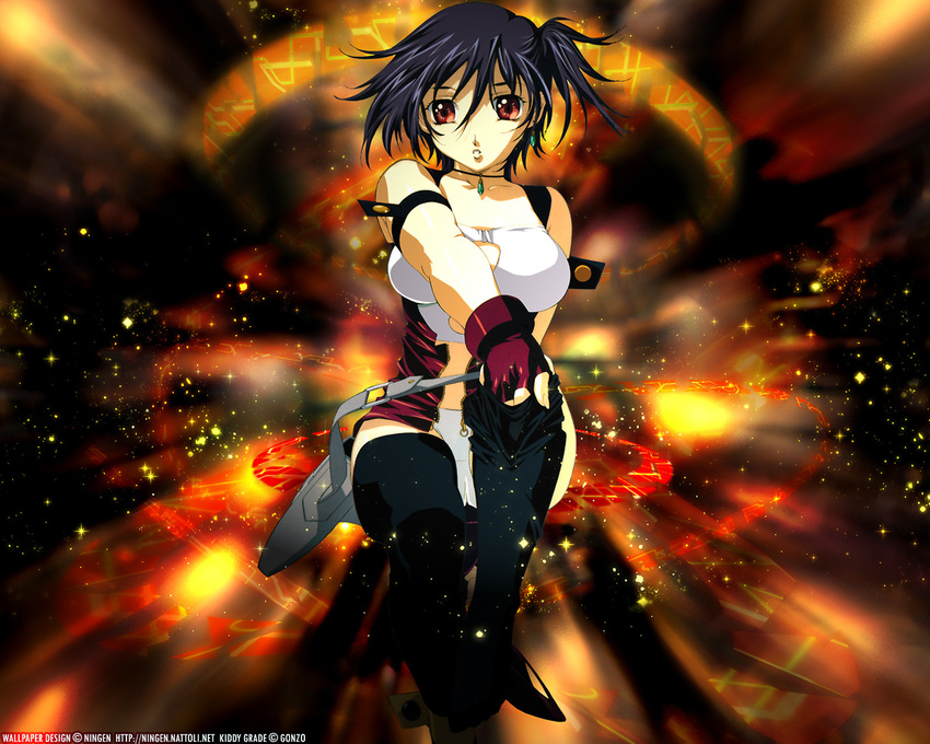 armlet backlighting bag bare_shoulders black_legwear breasts chain cleavage_cutout collarbone crop_top earrings eclair_(kiddy_grade) fingerless_gloves fire gloves gotou_keiji hair_between_eyes invisible_chair jewelry kiddy_grade looking_at_viewer medium_breasts one_side_up outstretched_arm panties pink_gloves purple_hair red_eyes satchel shiny shiny_skin short_hair sitting sleeveless solo sparkle thighhighs underwear undressing wallpaper white_panties