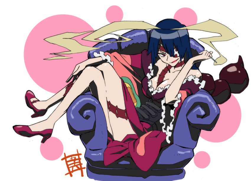 adiane bare_shoulders blue_hair breasts cigarette cleavage corset dress eyepatch highres isoroku large_breasts legs lipstick long_hair makeup scorpion_tail solo tail tattoo tengen_toppa_gurren_lagann