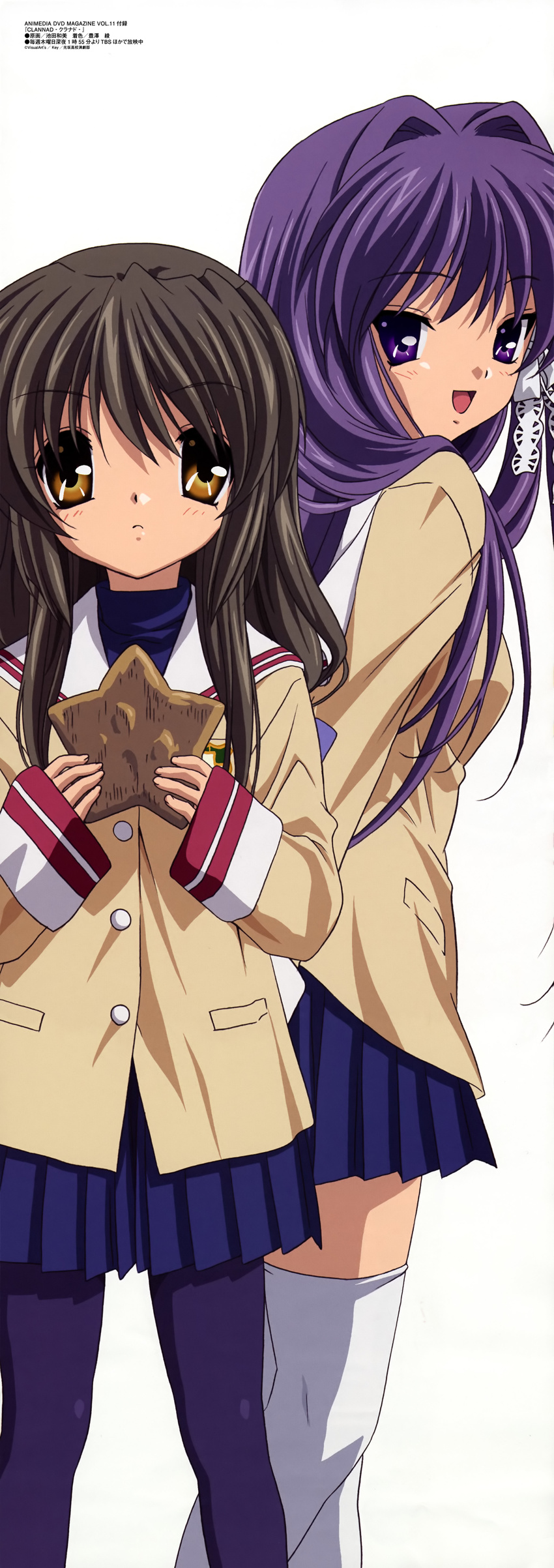 absurdres blush brown_eyes brown_hair clannad fujibayashi_kyou hair_ribbon highres hikarizaka_private_high_school_uniform ibuki_fuuko ikeda_kazumi long_hair multiple_girls pantyhose purple_eyes purple_hair ribbon school_uniform skirt starfish thighhighs