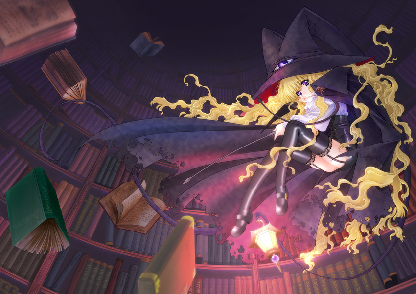 black_legwear blonde_hair book bookshelf cape carnelian floating floating_book full_body garter_straps hand_on_own_face hat highres lace lace-trimmed_thighhighs lamp lantern library lilith_(yamibou) long_hair mary_janes miniskirt official_art purple_eyes shoes skirt solo thighhighs too_many too_many_books very_long_hair voile wallpaper wavy_hair witch_hat yami_to_boushi_to_hon_no_tabibito