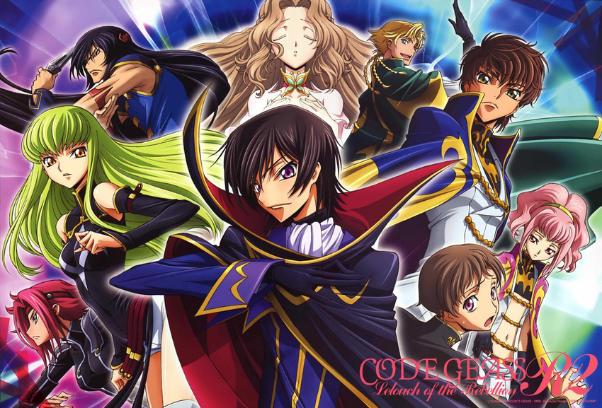 5boys anya_alstreim ashford_academy_uniform black_hair blonde_hair blue_eyes brown_hair c.c. closed_eyes code_geass gino_weinberg green_eyes green_hair kallen_stadtfeld kimura_takahiro knights_of_the_round_uniform lelouch_lamperouge li_xingke long_hair multiple_boys multiple_girls nunnally_lamperouge official_art order_of_the_black_knights_uniform pink_hair purple_eyes red_hair rolo_lamperouge scan short_hair