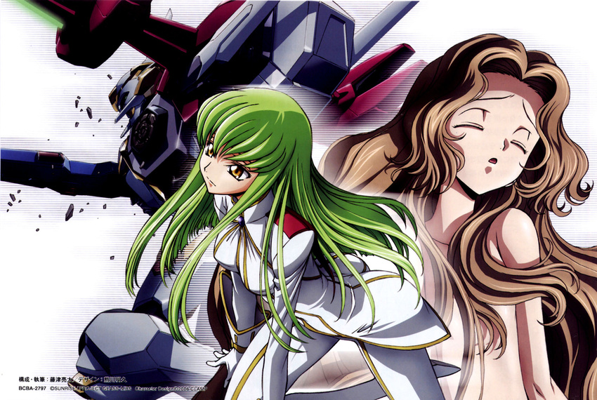 bodysuit brown_hair c.c. closed_eyes code_geass green_hair highres kimura_takahiro mecha multiple_girls nude nunnally_lamperouge white_bodysuit yellow_eyes