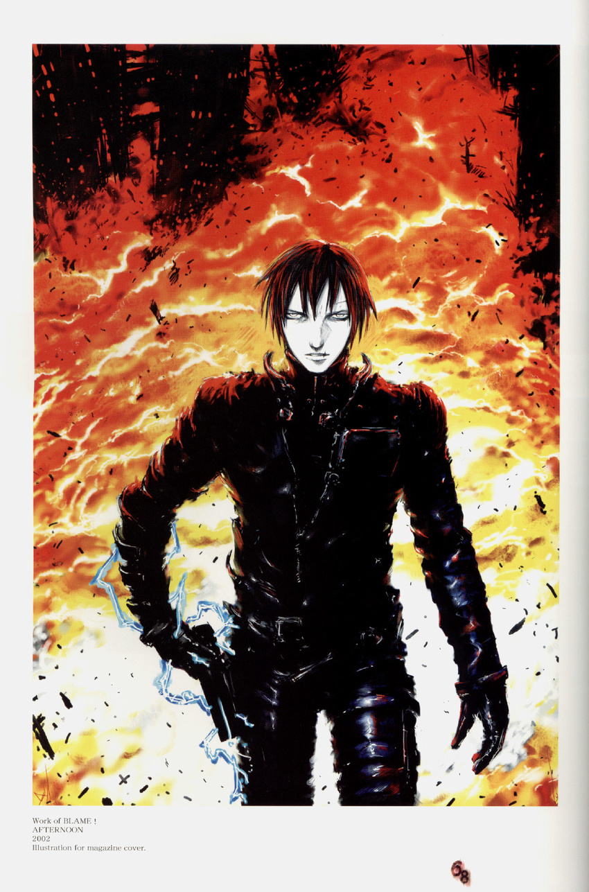 2002 black_hair blame! debris electricity explosion graviton_beam_emitter gun highres killy male_focus nihei_tsutomu page_number pale_skin solo weapon white_eyes