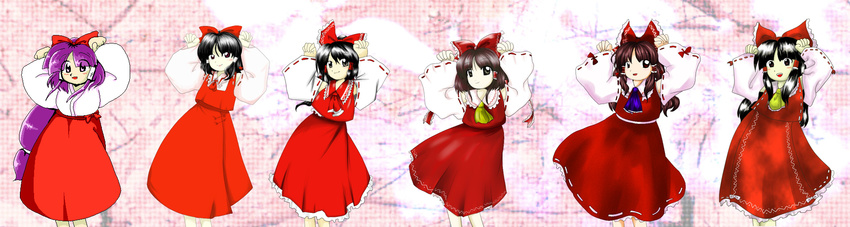 caramelldansen evolution hair_tubes hakurei_reimu hakurei_reimu_(pc-98) highres imperishable_night long_image mountain_of_faith multiple_persona mystic_square official_style oota_jun'ya_(style) parody perfect_cherry_blossom phantasmagoria_of_flower_view sakuragi_rian style_parody the_embodiment_of_scarlet_devil touhou touhou_(pc-98) variations wide_image