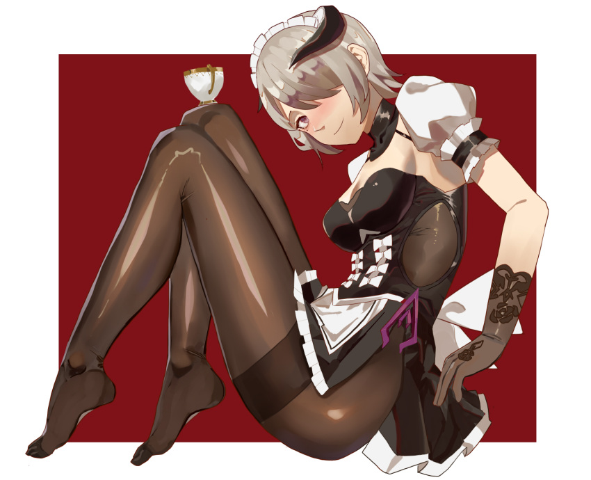 1girl arm_support bangs black_gloves black_legwear blush breasts choker cup detached_sleeves dress flower frills gloves hair_over_one_eye highres honkai_impact horns looking_at_viewer maid maid_headdress no_shoes outside_border pantyhose puffy_short_sleeves puffy_sleeves red_eyes red_flower red_rose rita_rossweisse rose short_hair short_sleeves side_slit sidelocks sitting smile solo teacup thighband_pantyhose vic