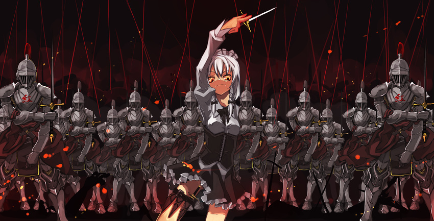 alternate_eye_color armor black_bow black_ribbon bow braid corset dagger hair_bow highres izayoi_sakuya knife knight maid_headdress orange_eyes ribbon scabbard sheath sheathed shimadoriru short_hair silver_hair sword touhou twin_braids weapon