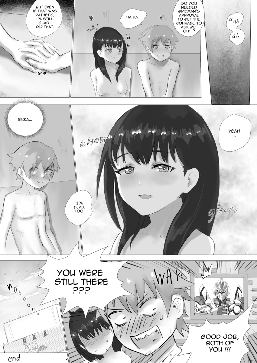 1girl bangs blush breasts comic computer couch couple doujinshi english greyscale gridman_(ssss) hand_holding hetero hibiki_yuuta interlocked_fingers long_hair looking_at_another medium_breasts monochrome navel nipples nude quentin_lecuiller sitting speech_bubble ssss.gridman sweat takarada_rikka