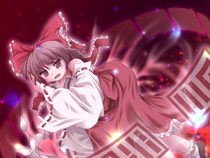 ascot bow brown_eyes brown_hair collar danmaku detached_sleeves frills hair_bow hakurei_reimu long_sleeves looking_at_viewer lzh magic ofuda red_bow red_skirt ribbon-trimmed_sleeves ribbon_trim skirt solo touhou vest