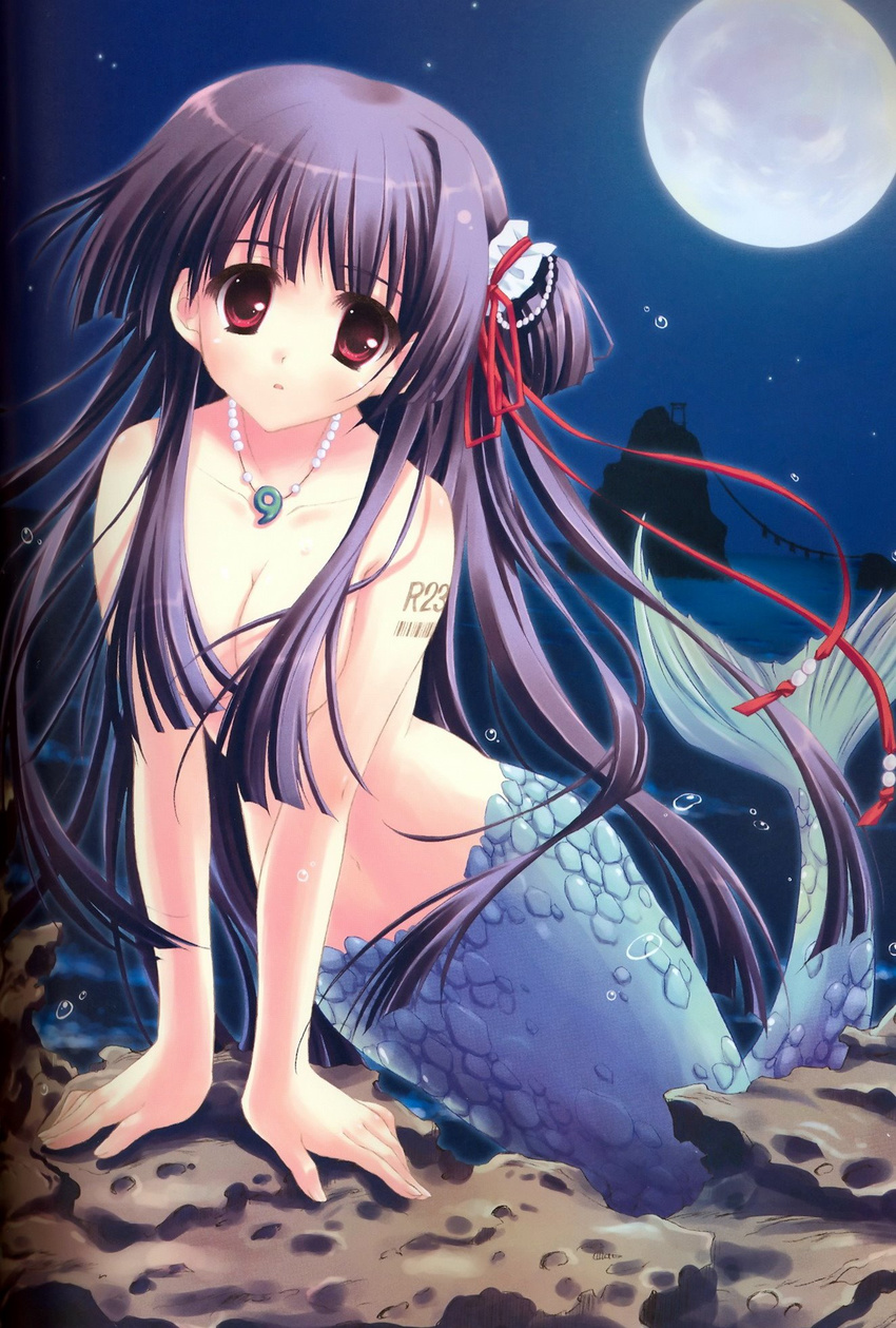 arm_support barcode blush breast_squeeze breasts cleavage copyright_request full_moon hair_censor hair_ornament hair_over_breasts highres jewelry kneeling long_hair looking_at_viewer magatama medium_breasts mermaid monster_girl moon narrow_waist necklace night nude ocean parted_lips pearl_necklace purple_hair red_eyes rock ryouka_(suzuya) scales scan solo torii v_arms very_long_hair water_drop