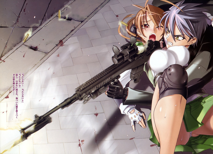 1girl ass battle_rifle bayonet bouncing_breasts breasts casing_ejection fingerless_gloves firing gloves gun highres highschool_of_the_dead holding holding_gun holding_weapon huge_breasts knee_pads komuro_takashi m14 miyamoto_rei muzzle_flash non-web_source official_art one_eye_closed panties rifle satou_shouji school_uniform scope shell_casing thighs underwear vertical_foregrip weapon wince