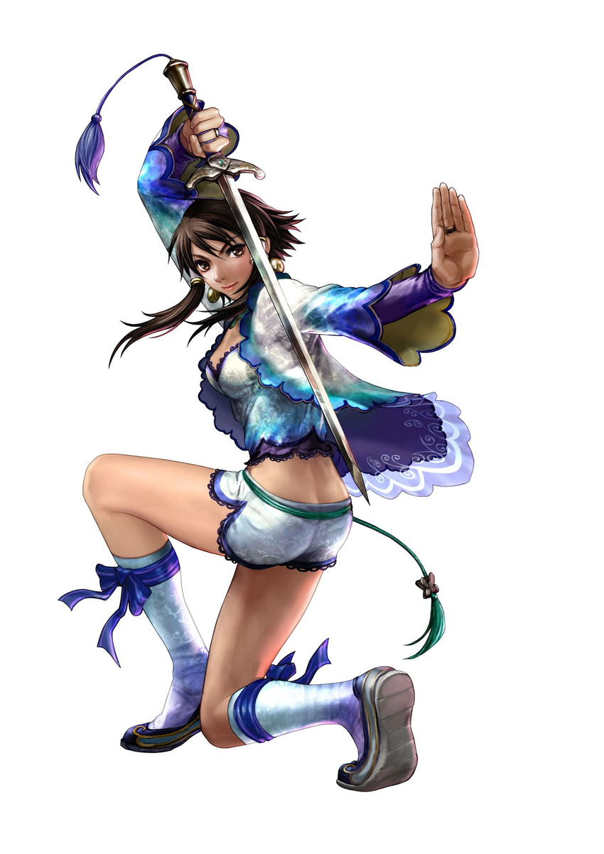 artist_request brown_eyes brown_hair butt_crack chai_xianghua duplicate highres jacket one_knee short_hair short_shorts shorts solo soulcalibur soulcalibur_iv sword weapon