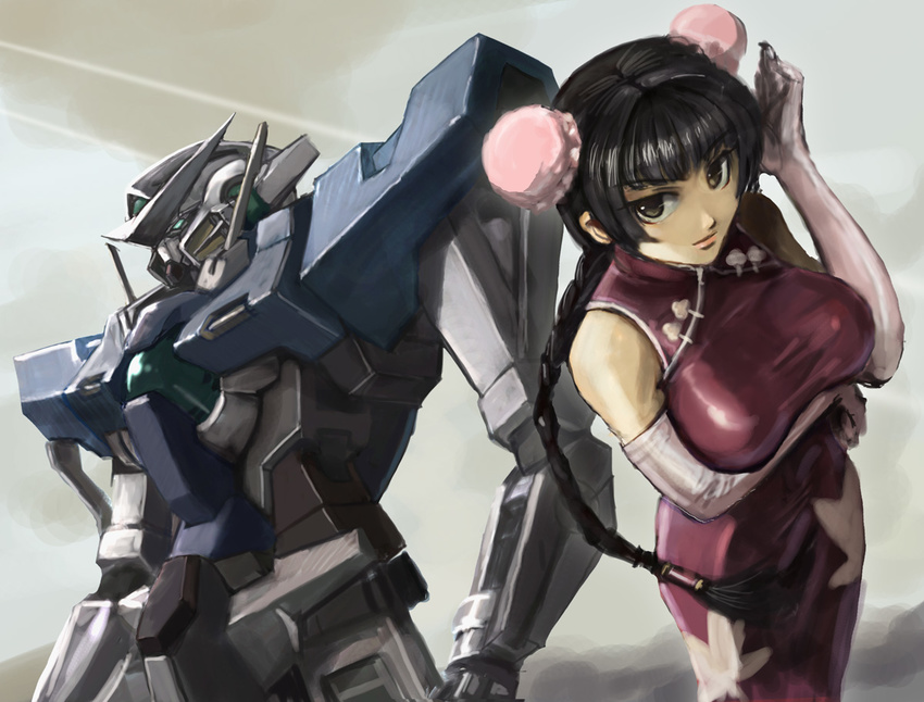 bad_id bad_pixiv_id bare_shoulders black_eyes black_hair braid breasts bun_cover china_dress chinese_clothes crossed_arms double_bun dress elbow_gloves gloves gundam gundam_00 hamoto large_breasts long_hair mecha smile solo wang_liu_mei