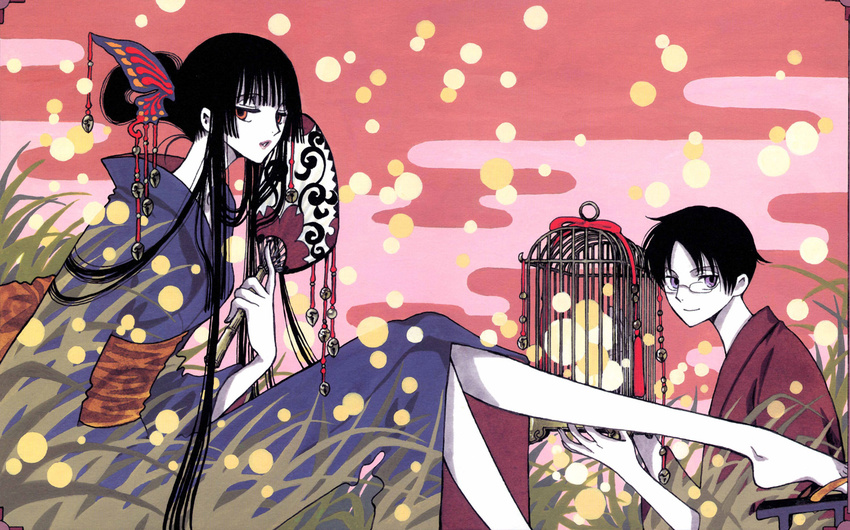 1girl bangs bell black_hair blunt_bangs cage clamp egasumi fan glasses hime_cut ichihara_yuuko japanese_clothes kimono official_art paper_fan uchiwa watanuki_kimihiro xxxholic