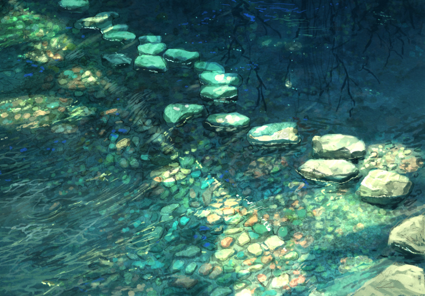 day nature no_humans original outdoors pebble pippi_(pixiv_1922055) pond reflection ripples rock scenery sunlight water