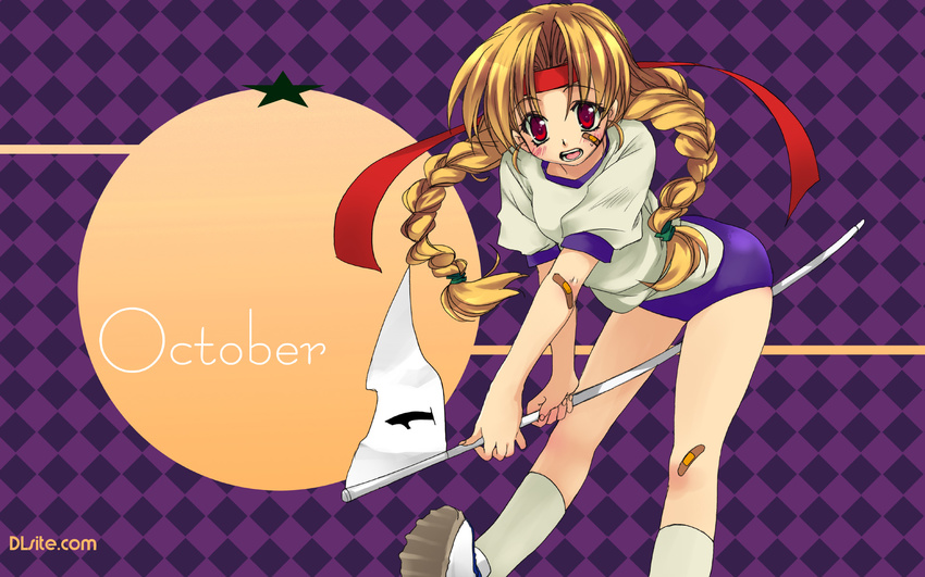 bandaid bandaid_on_elbow bandaid_on_face bandaid_on_knee bent_over blonde_hair blush braid buruma dlsite.com flag gym_uniform headband highres long_hair malino_(dream_maker) numbered_flag premium-chan red_eyes shoes sneakers socks solo twin_braids wallpaper white_flag widescreen