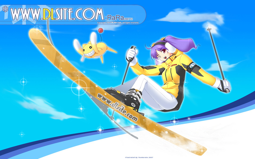 dlsite.com earmuffs highres one_eye_closed original purple_hair rara_(you_haruka) skiing skis twintails wallpaper you_haruka ziptan